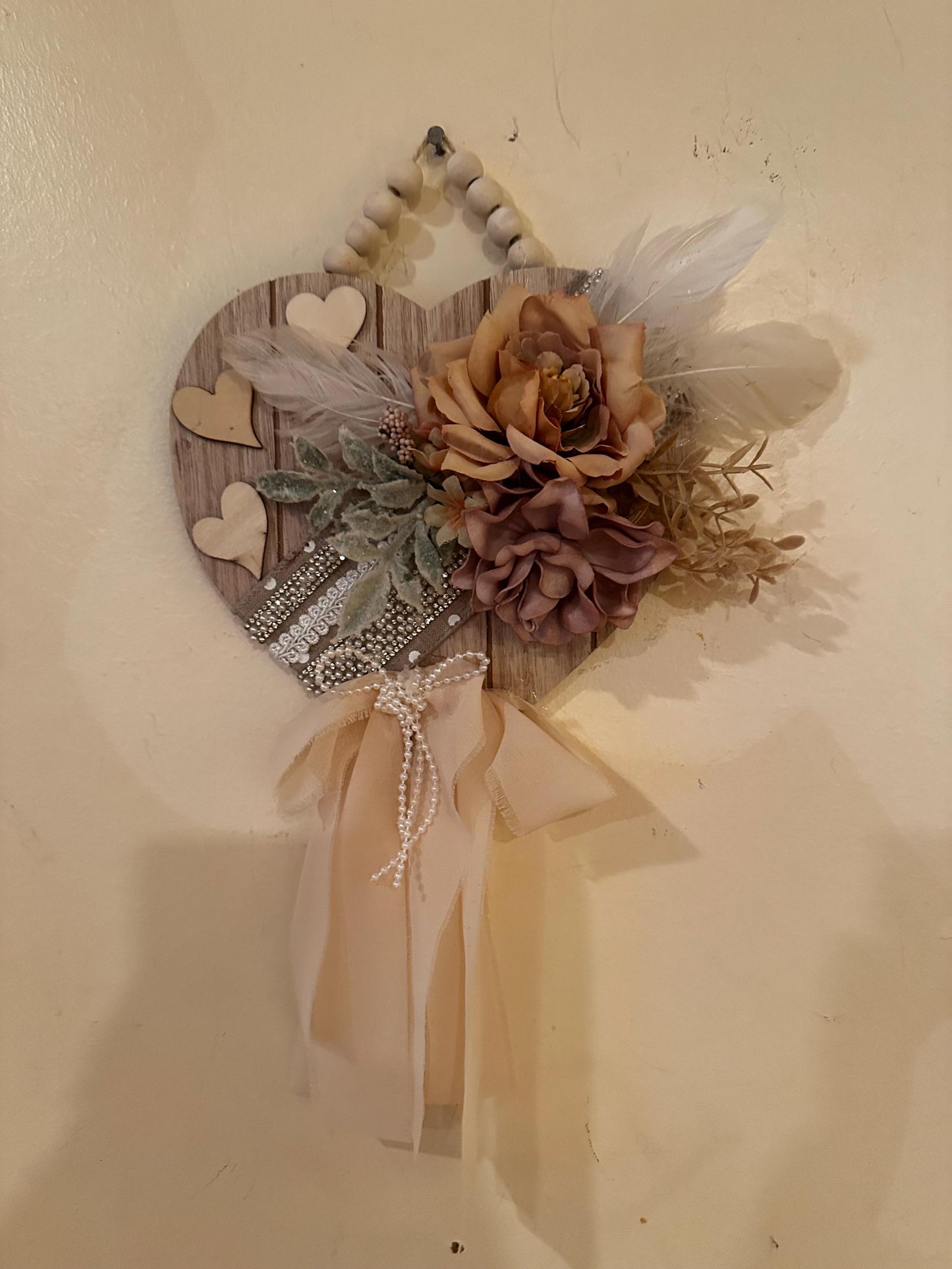 Heart Shaped Shabby Chic style hanging wall decor, lace and pearl decorated wooden heart with chiffon and pearl bow, Valentines Day Decor