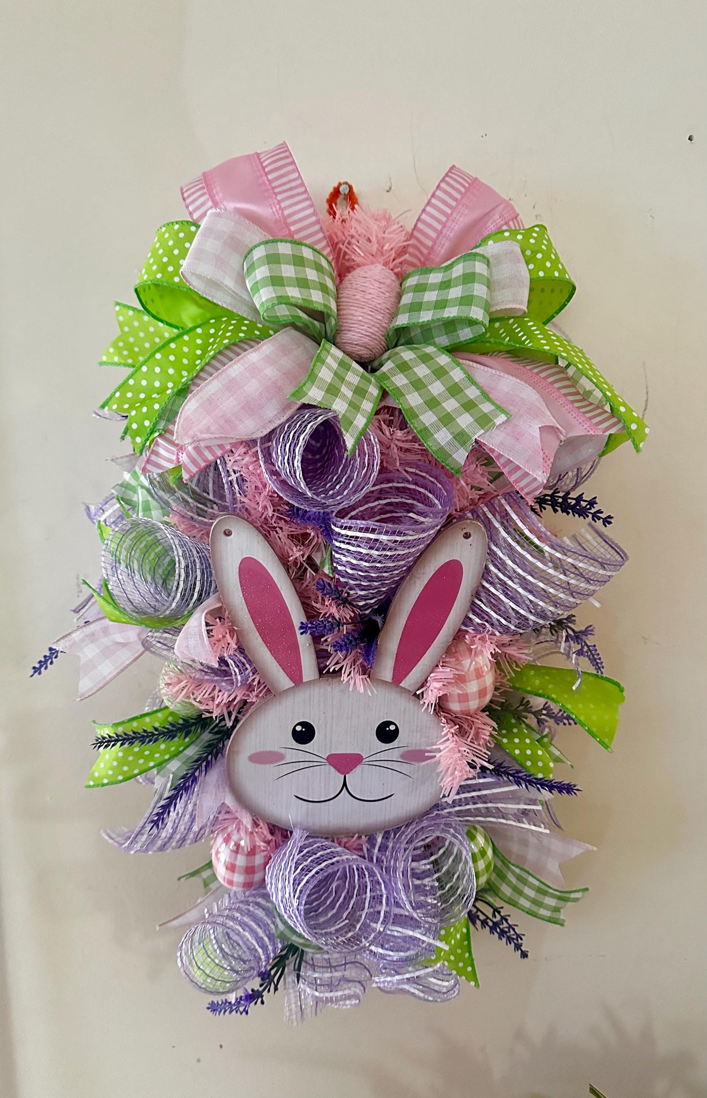 Easter Swag Wreath for front door, green, purple and pink deco mesh Spring wreath, housewarming gift for her, Easter Decor, sesonal wreath