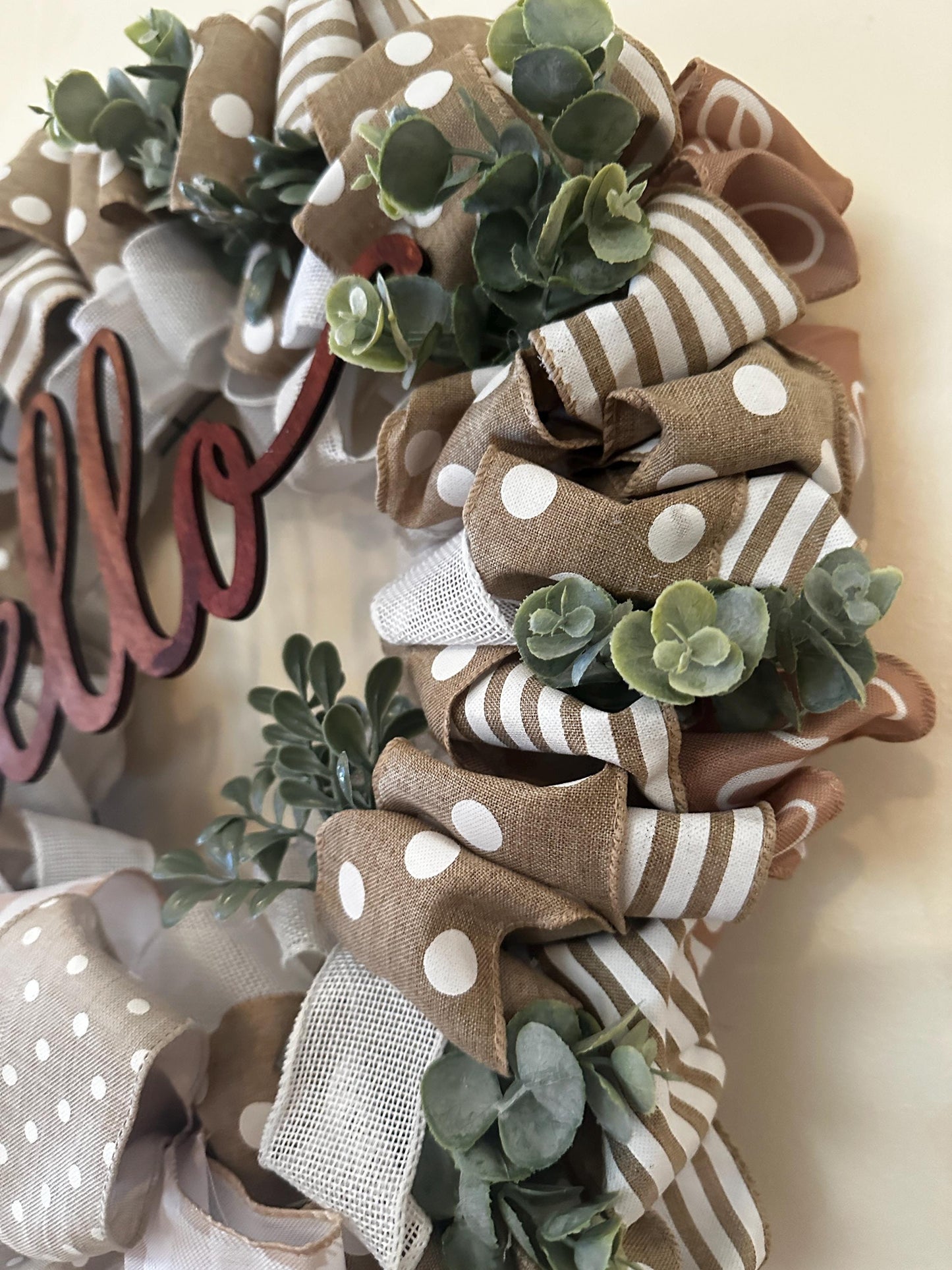Everyday Farmhouse Wreath, Year Round Front Door Wreath, Neutral Burlap Ribbon Wreath with Greenery, Rustic Wall Decor, Handmade Gift