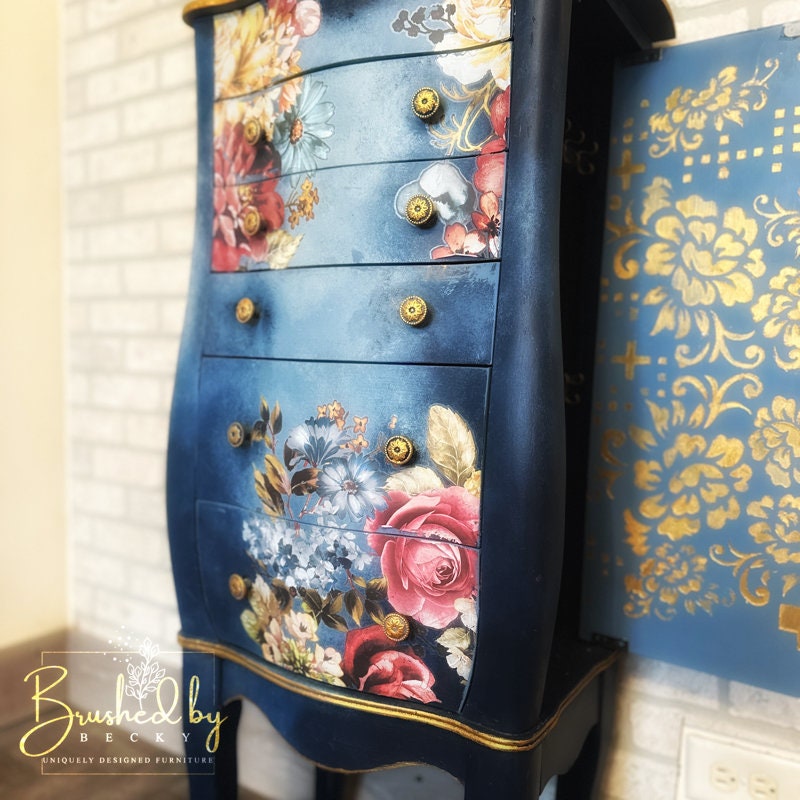 Blue painted floral jewelry armoire, Freestanding oraniser , Multiple drawers for more storage, Velvet lined interior, gold glamorous style