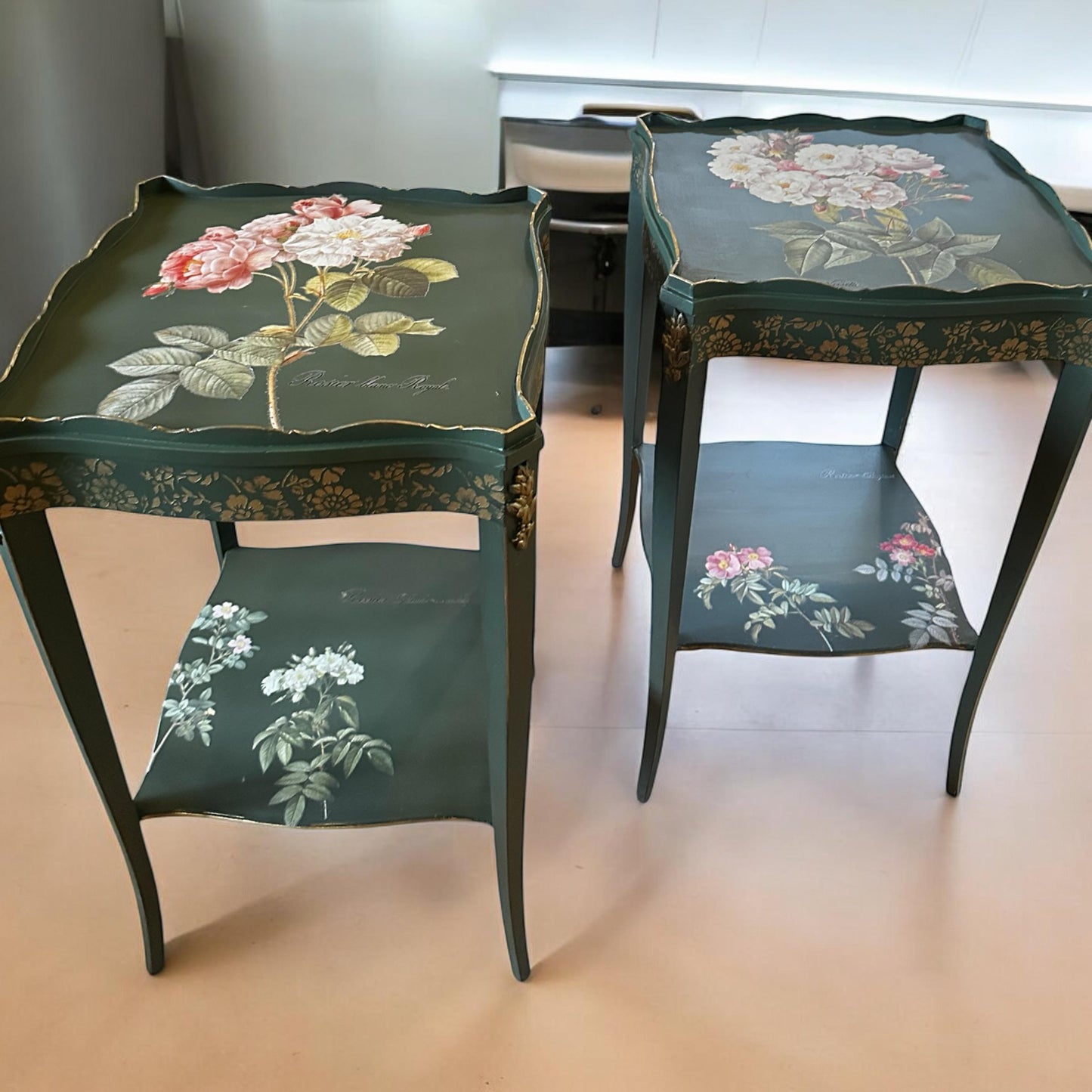 Vintage Green End Tables, Antique Square Side Tables, Nightstands with minimal floral accents, recessed scalloped design square top tables