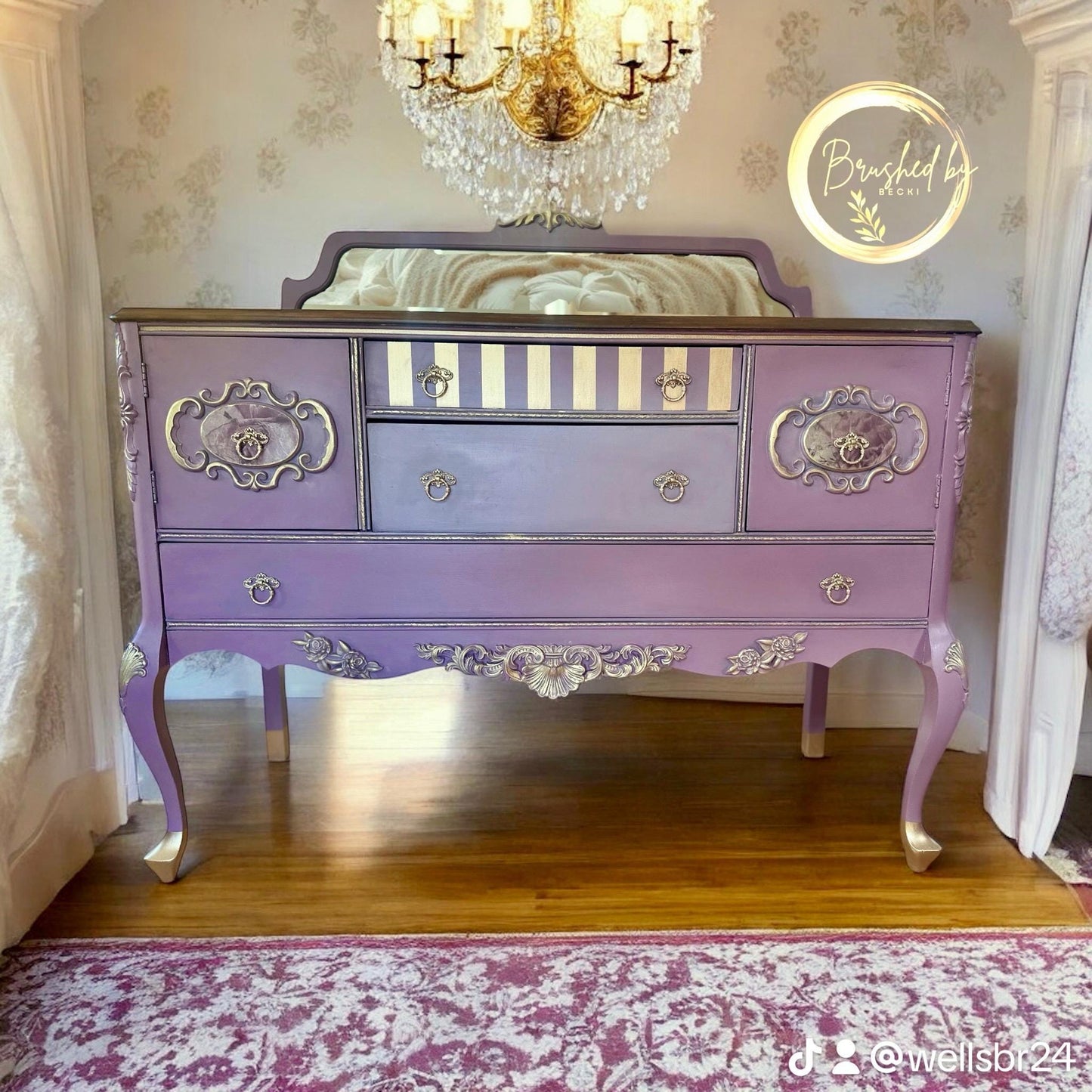 Antique Purple-Pink Hand Painted Buffet with Small Mirror, Entryway Cabinet, Shabby Chic Sepia Floral Decopauge, French Vintage Server