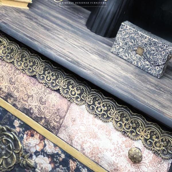 Antique black floral chest of drawers, decopauged romantic gold floral DIY three drawer project, bedroom, entryway living room furniture