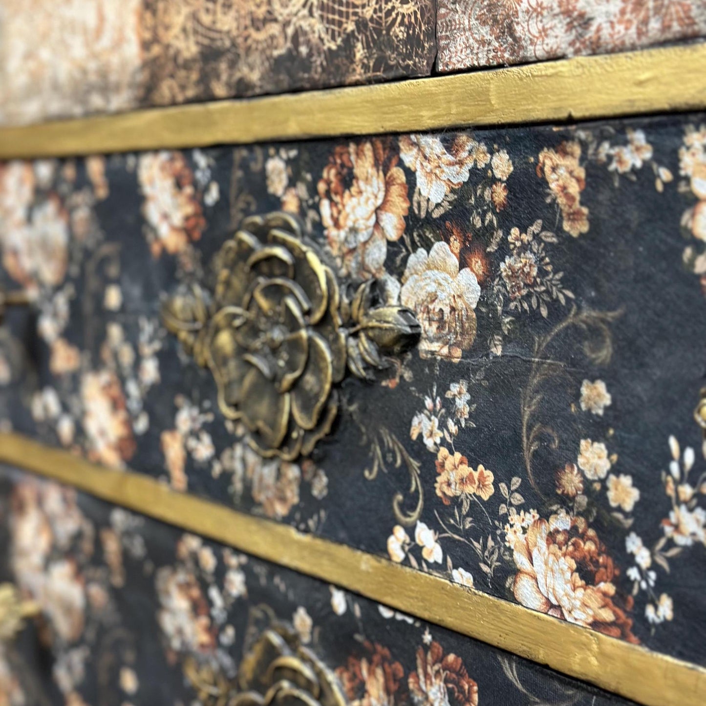 Antique black floral chest of drawers, decopauged romantic gold floral DIY three drawer project, bedroom, entryway living room furniture