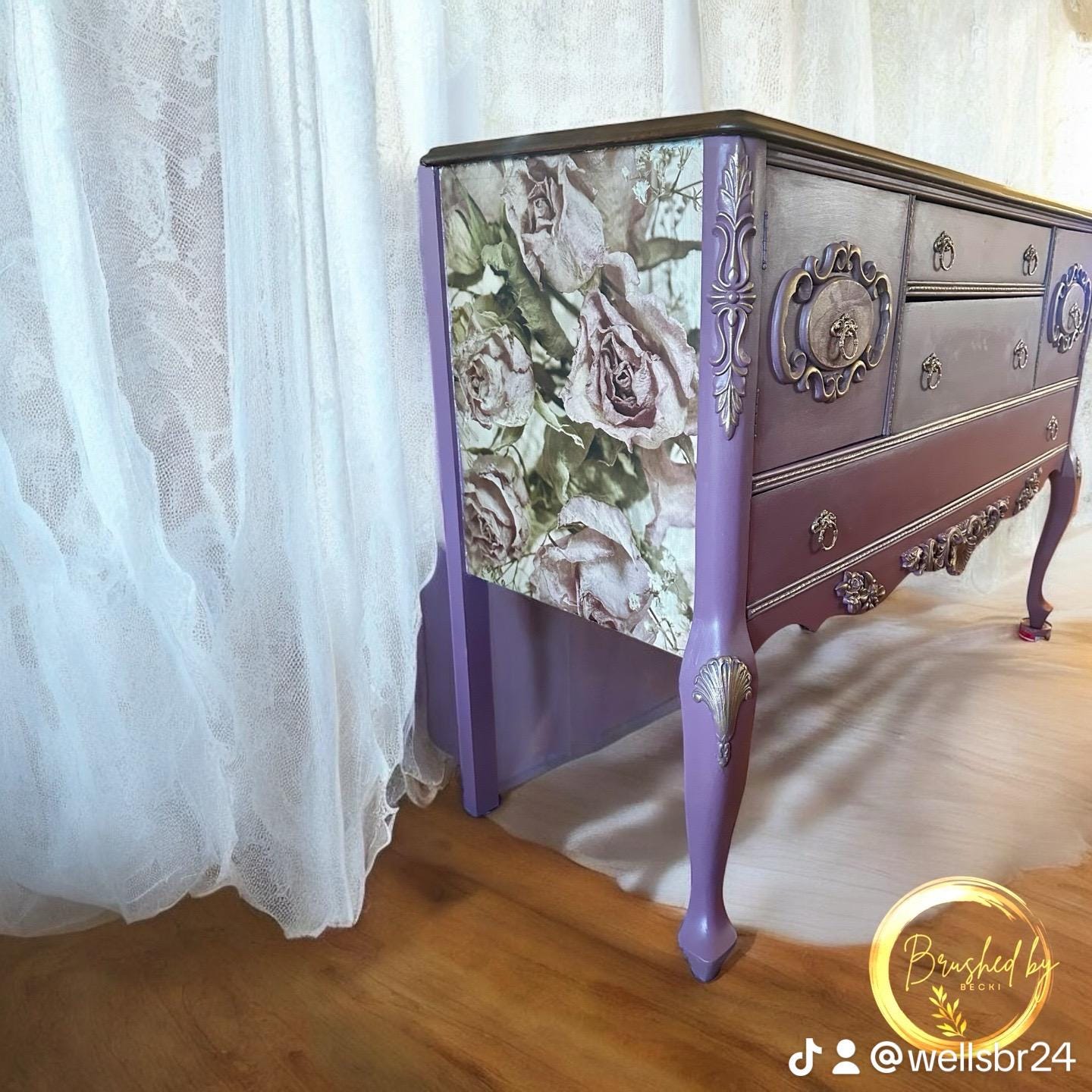 Antique Purple-Pink Hand Painted Buffet with Small Mirror, Entryway Cabinet, Shabby Chic Sepia Floral Decopauge, French Vintage Server
