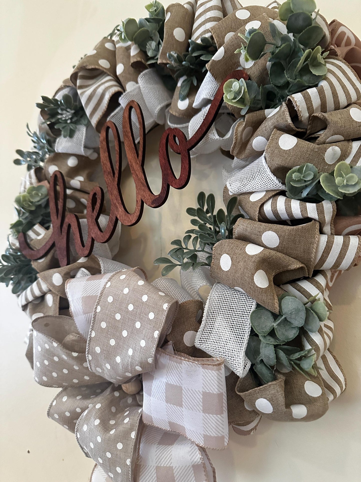 Everyday Farmhouse Wreath, Year Round Front Door Wreath, Neutral Burlap Ribbon Wreath with Greenery, Rustic Wall Decor, Handmade Gift