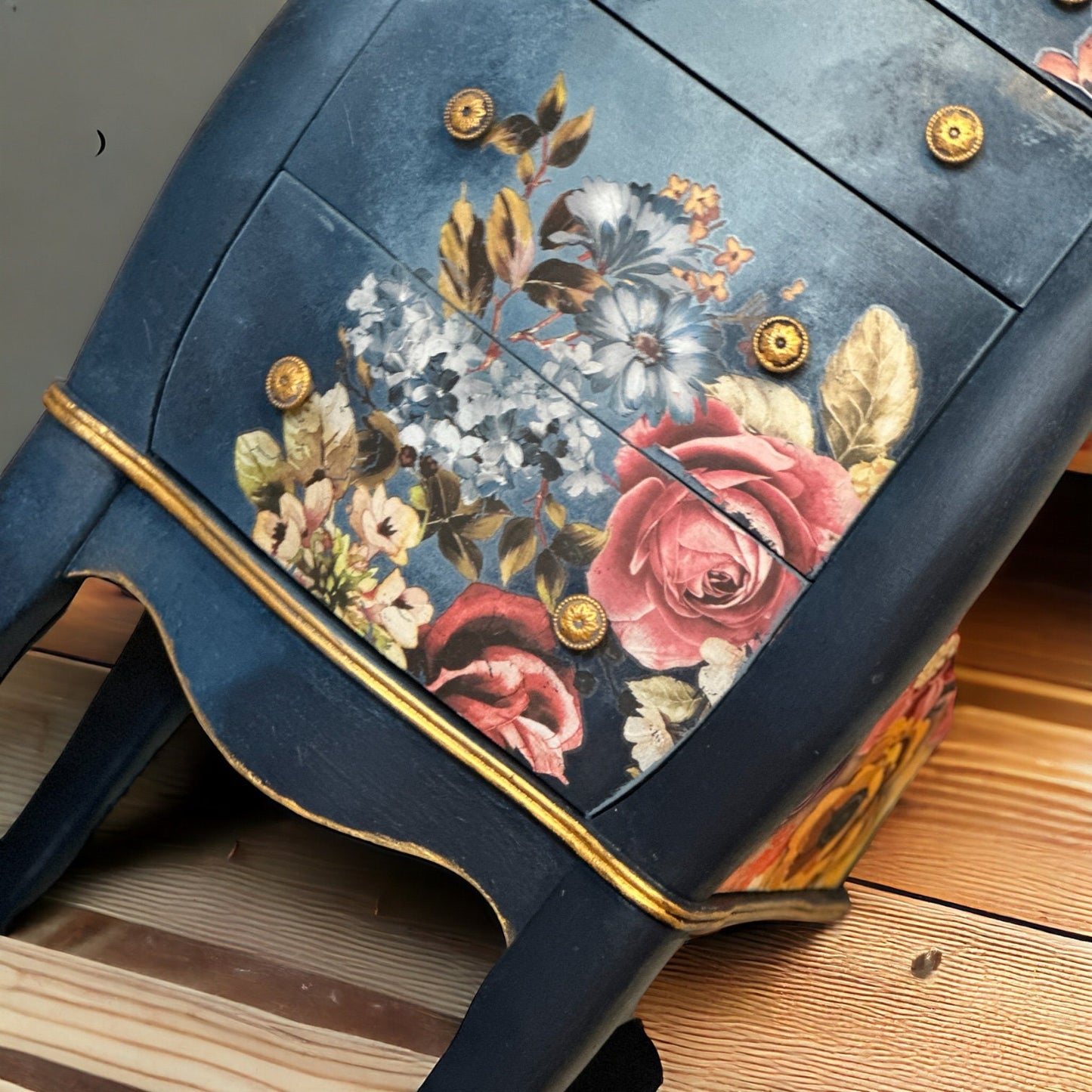 Blue painted floral jewelry armoire, Freestanding oraniser , Multiple drawers for more storage, Velvet lined interior, gold glamorous style
