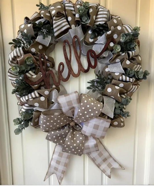 Everyday Farmhouse Wreath, Year Round Front Door Wreath, Neutral Burlap Ribbon Wreath with Greenery,  Rustic Wall Decor, Handmade Gift