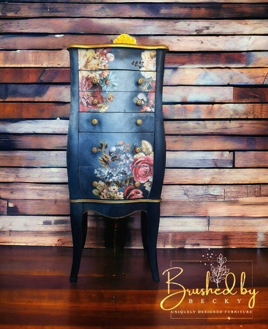 Blue painted floral jewelry armoire, Freestanding oraniser , Multiple drawers for more storage, Velvet lined interior, gold glamorous style