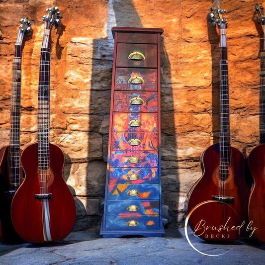 Unique guitar-shaped painted chest of drawers, Abstract Art Furniture,, Decopauged and Painted  Tall Dresser with 10 Drawers,Pyramid Shaped