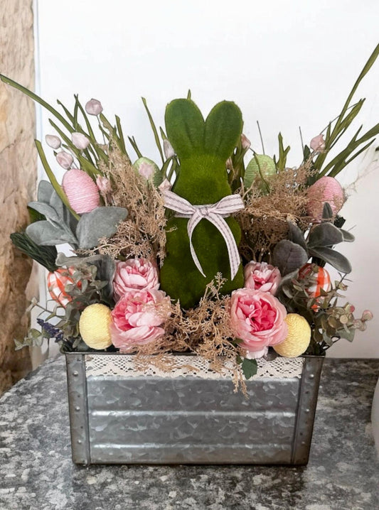12 Inch Galvanised Easter-Spring Moss Bunny Center piece for dining table, rustic center piece, spring decor, Easter egg and carrot decor