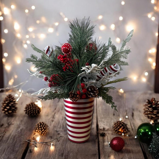 Christmas Centerpiece- Christmas Floral Arrangement- Holiday Decor- Peppermint Pine Arrangement- Candy Cane Theme Christmas Decor Rustic