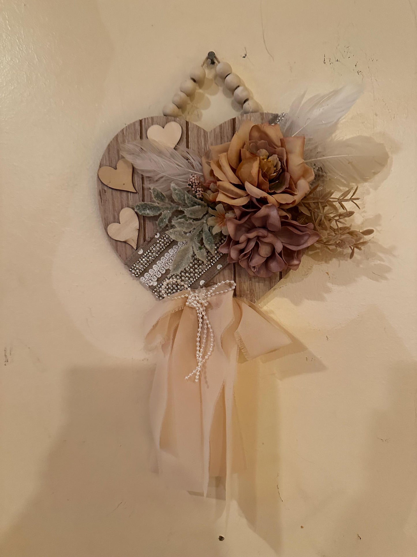 Heart Shaped Shabby Chic style hanging wall decor, lace and pearl decorated wooden heart with chiffon and pearl bow, Valentines Day Decor