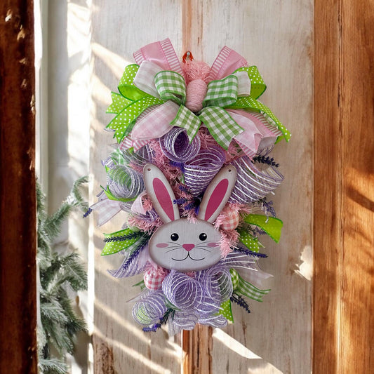 Easter Swag Wreath for front door, green, purple and pink deco mesh Spring wreath, housewarming gift for her, Easter Decor, sesonal wreath