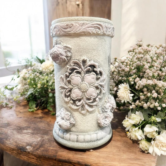 French Country Vase, Faux Stone Cylinder Accent Piece, Ornate Country Farmhouse Decor, Antiqued Vase withLight Pink Ornate Floral Details