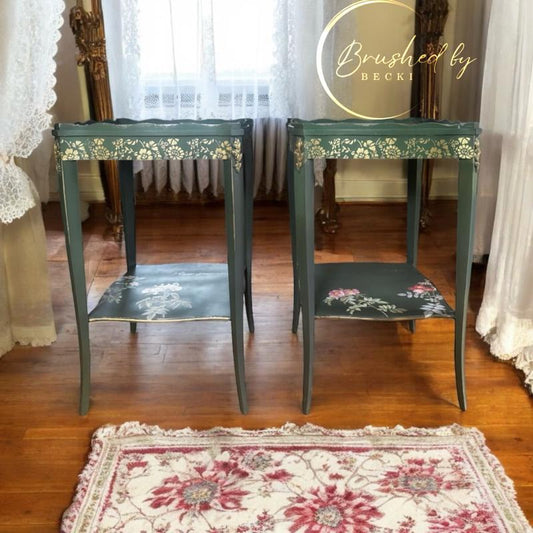 Vintage Green End Tables, Antique Square Side Tables, Nightstands with minimal floral accents, recessed scalloped design square top tables