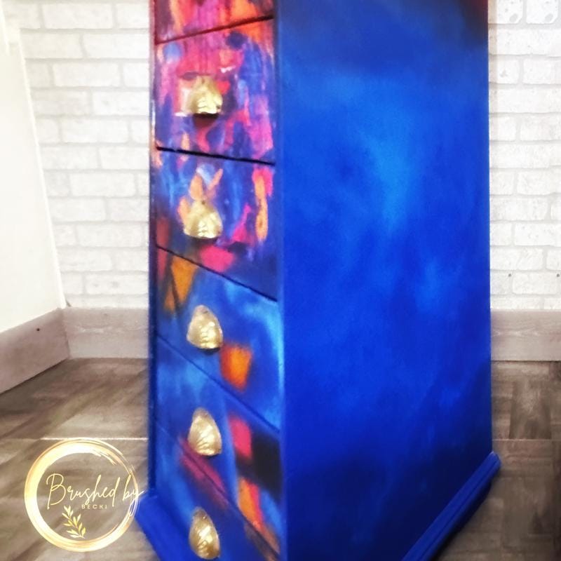 Unique guitar-shaped painted chest of drawers, Abstract Art Furniture,, Decopauged and Painted  Tall Dresser with 10 Drawers,Pyramid Shaped