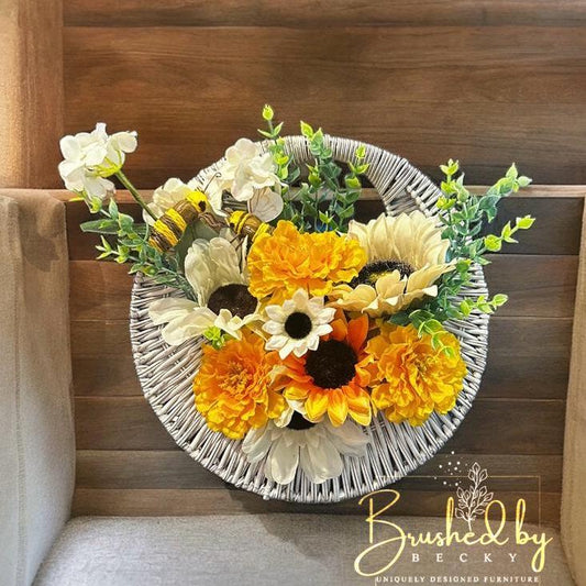 Farmhouse Sunflower Floral Arrangement, Sunflower Wicker Basket Hanging Decor, Gift for Mom,  Countertop Home Decor, Sunflower Accent Piece