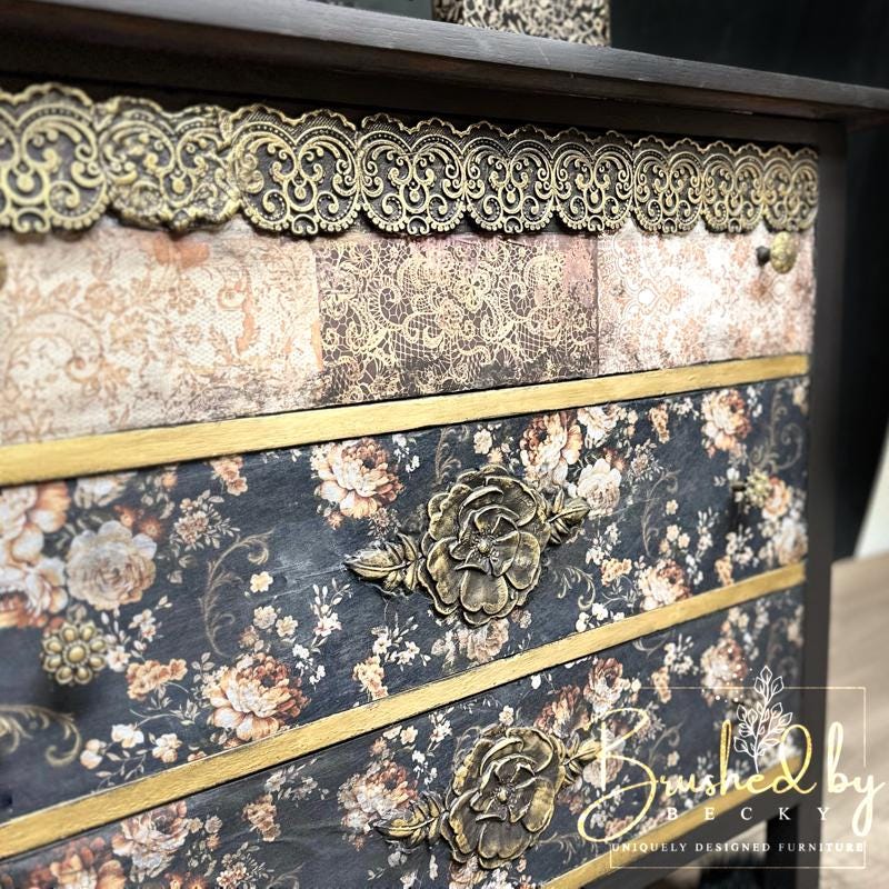 Antique black floral chest of drawers, decopauged romantic gold floral DIY three drawer project, bedroom, entryway living room furniture