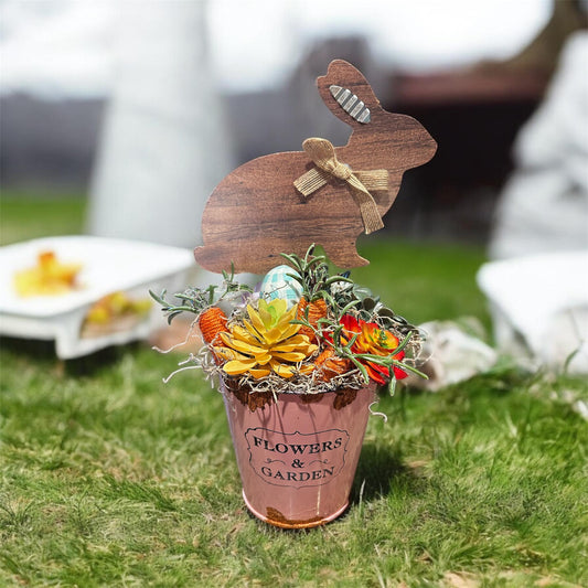 Easter Spring succulent floral center piece, pink faux rust metal flower pot for the vase, faux wood easter bunny, Easter Floral Decor