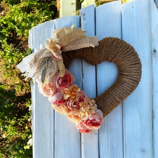 Rope Heart Wreath, Shabby Chic style Wreath, Floral Heart  Wreath, Farmhouse Wreath, Jute Rope heart with peach and white florals, rag bow
