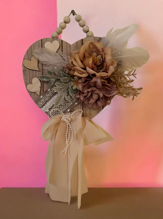 Heart Shaped Shabby Chic style hanging wall decor, lace and pearl decorated wooden heart with chiffon and pearl bow, Valentines Day Decor